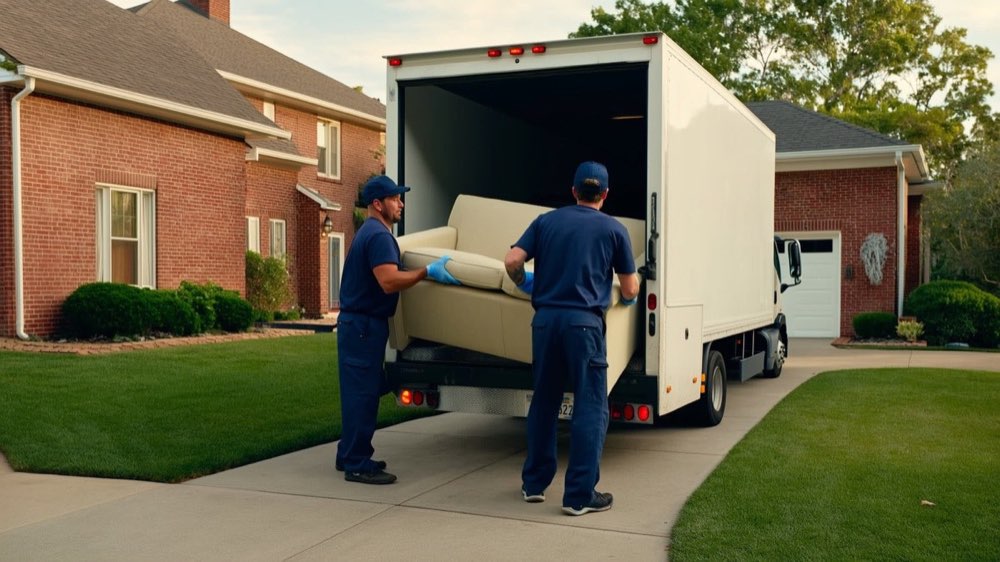 Two-person crew loading a sofa into the truck during a cleanout in Anderson
