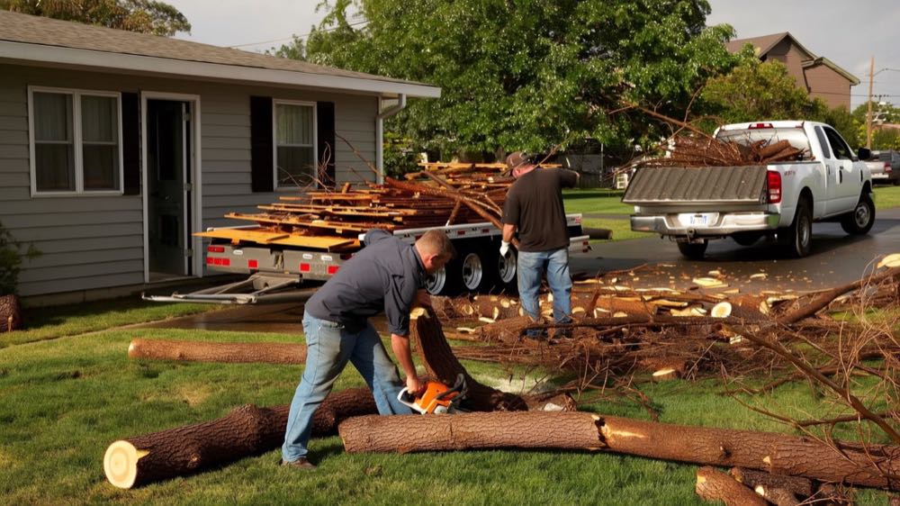 Storm limbs and fence panels stacked for pickup in Anderson
